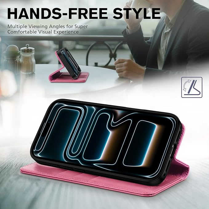 TUCCH Case Wallet for iPhone 17 Pro Max (6.9-Inch) 2025, [3 Card Slots] Kickstand [RFID Blocking] PU Leather Case, Flip Folio Cover with [TPU Shockproof Interior Shell], Hot Pink
