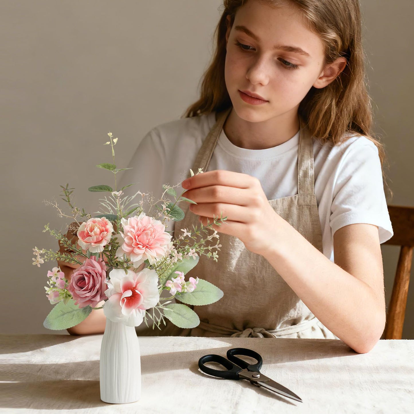 GAATEEK Small 11" Artificial Flowers in Ceramic Vase - Pink Silk Flower Centerpiece for Dining Table, Office, Wedding & Farmhouse, Home Decor Gifts