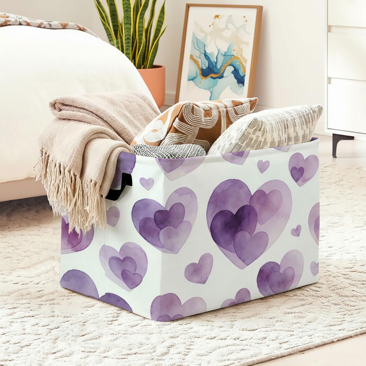 56L Purple Heart Foldable Square Laundry Hamper with Handles – Large Clothes, Blanket & Toy Storage Basket for Home Organization.