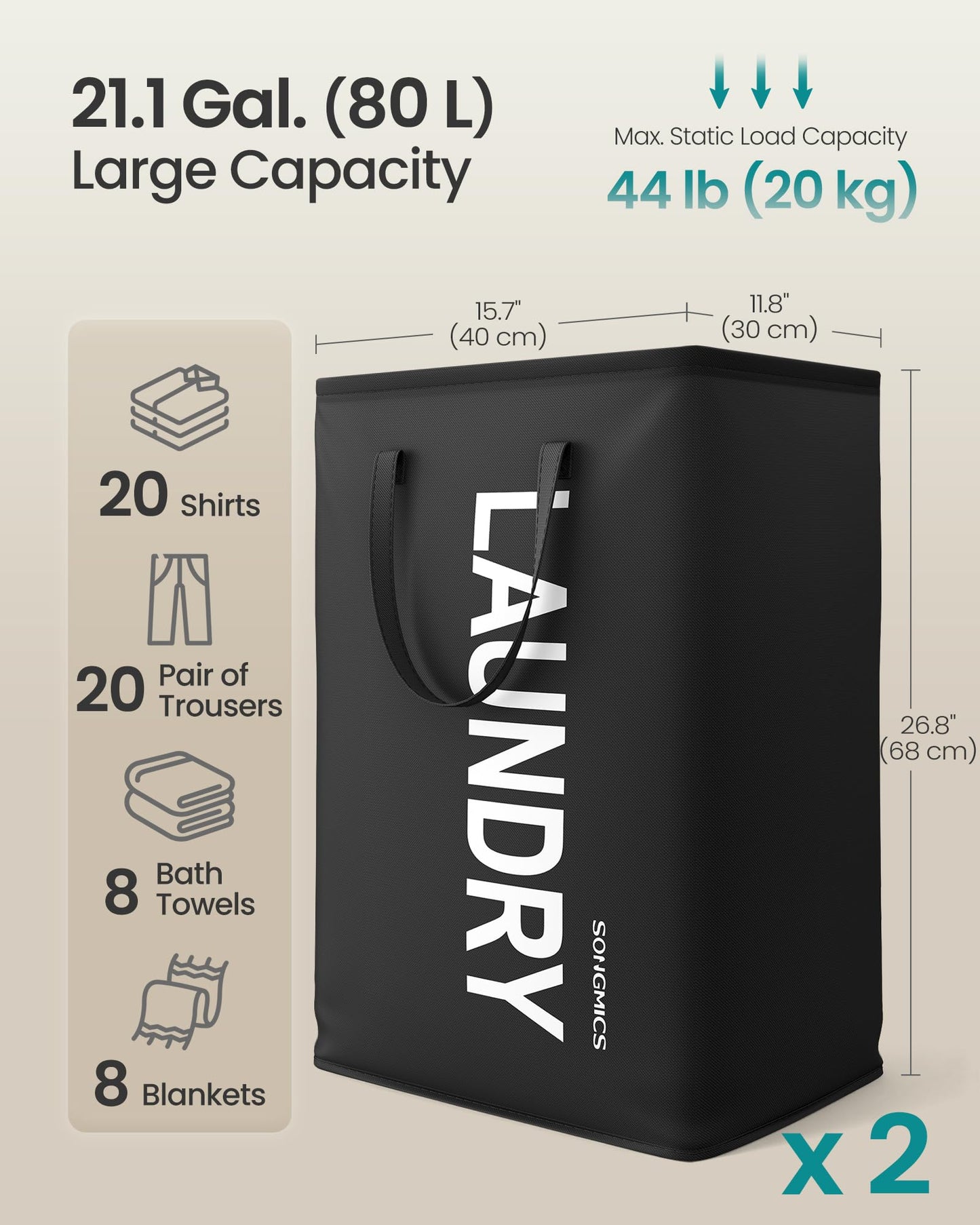 SONGMICS Laundry Hamper, 21.1-Gallon (80 L) Laundry Basket with Handles, Water-Repellent Storage Basket for Laundry Room, Bedroom, Bathroom, Foldable, Set of 2, Ink Black URLH002BH01