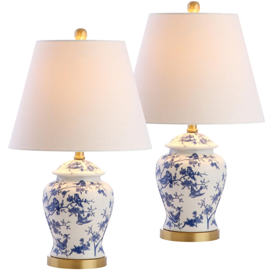 JONATHAN Y 22" Blue/White Ceramic Table Lamp, French Country Chinoiserie Ginger Jar LED Bedside Lamp for Living Room Bedroom, White Linen Shade (JYL3005A-SET2)