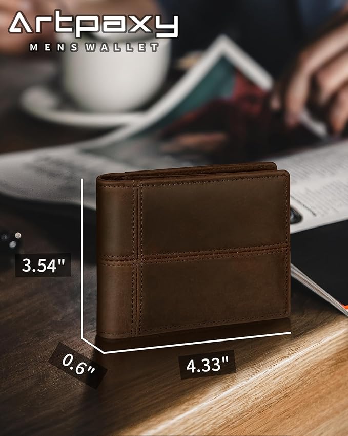 Artpaxy Mens Wallet Bifold Genuine Leather RFID Blocking Wallet for Men with 2 ID Windows 12 Card Holders 2 cash pockets 1 Gift Box