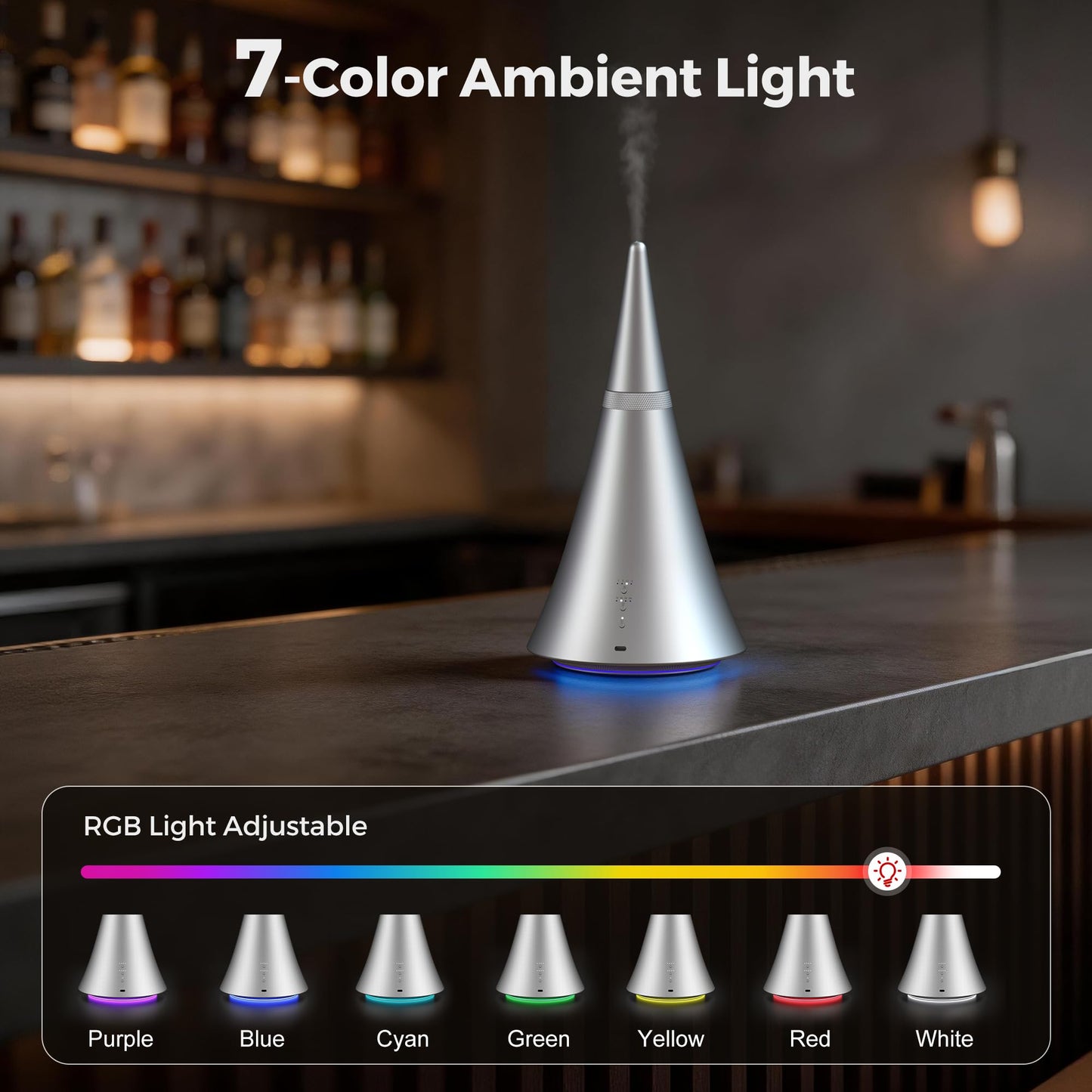 Waterless Diffuser, 2000 Sq.Ft Coverage，Essential Oil Diffuser with Bluetooth App Remote Control, Adjustable Mist Mode, Timer, Mood Lights Aromatherapy Diffuser for Home, Office, Hotel