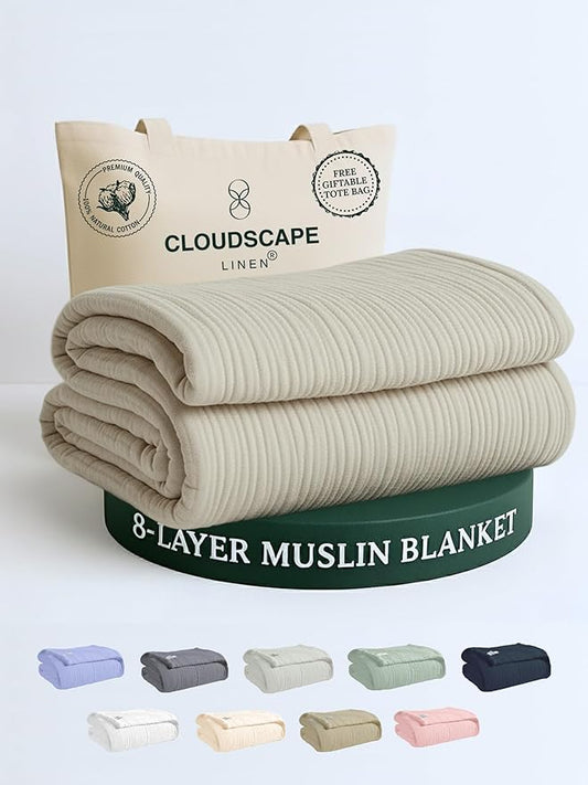 Cloud Scape Linen 8-Layer Muslin Blanket Queen Size - 100% Cotton, Soft and Breathable, Oversized Winter Blanket, Fits up to Full Size Bed, 92x92, Fog