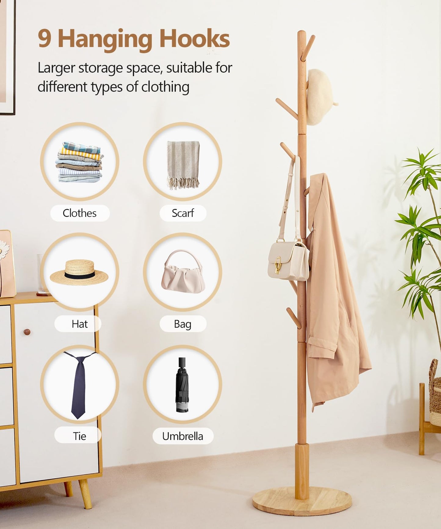Cozivolife Standing Coat Rack,Wooden Coat Rack Stand with 9 Hooks and 3 Height Adjustable,Beech Wood Tree Coat for Bedroom,Office,Entryway (Bamboo)