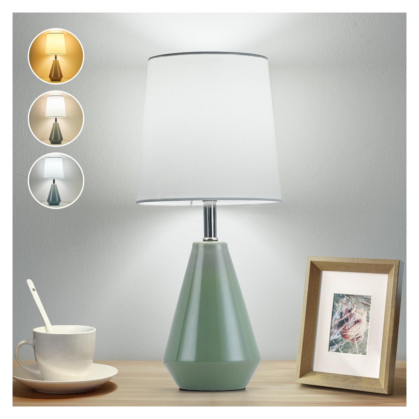 bdayanx Small Bedside Table Lamp for Bedroom - Reading Desk Lamp with 3 Color Temperatures，15.5" Nightstand Ceramic Lamp with Fabric Shade for Kids Room,Living Room,Dorm,Home Office (Green+White)