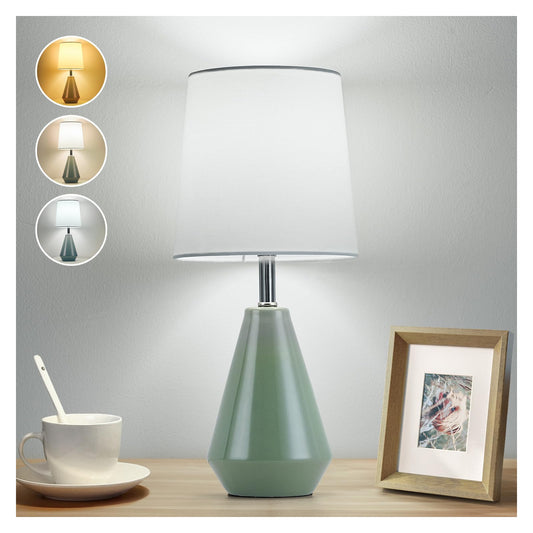 bdayanx Small Bedside Table Lamp for Bedroom - Reading Desk Lamp with 3 Color Temperatures，15.5" Nightstand Ceramic Lamp with Fabric Shade for Kids Room,Living Room,Dorm,Home Office (Green+White)