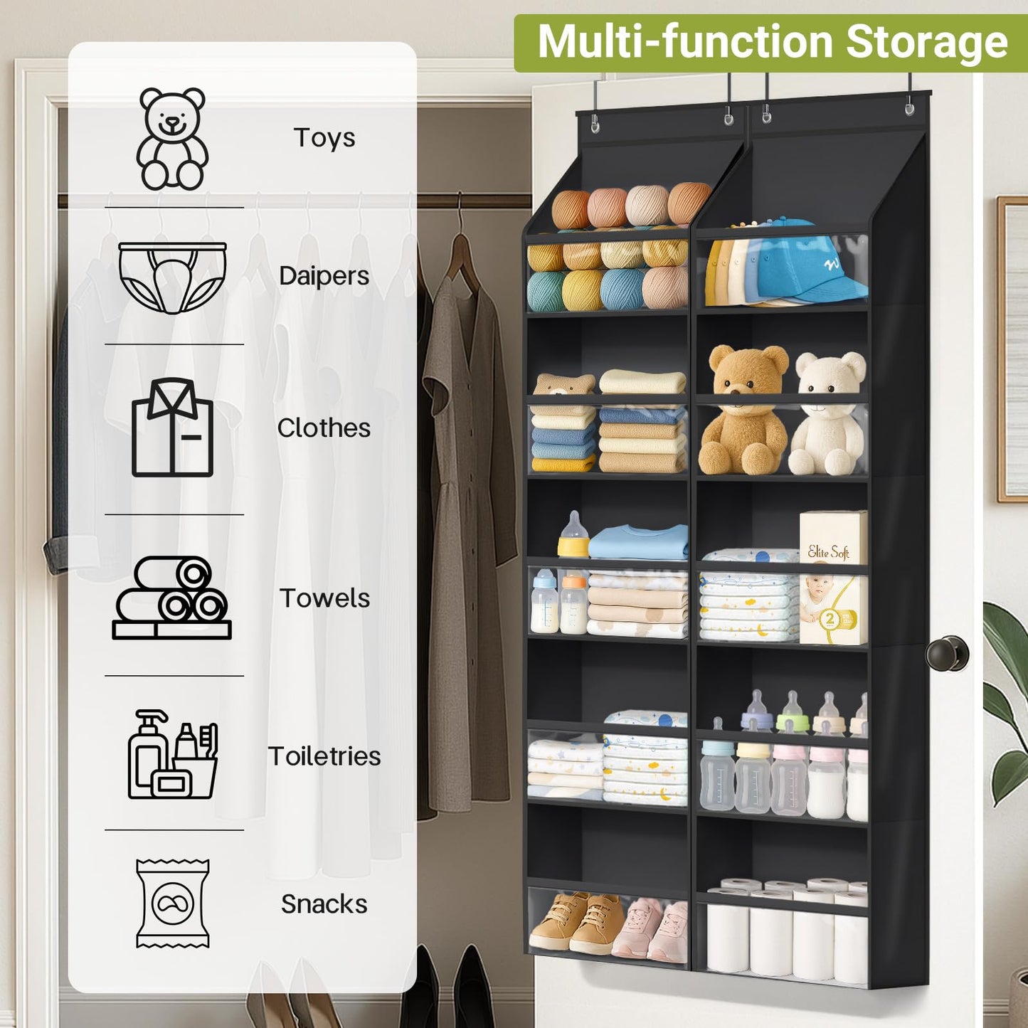 AOODA 2 Pack Over the Door Organizer, Large Capacity Closet Door Hanging Organizer, Clear Deep Pockets Baby Storage for Nursery, Bathroom, Bedroom, Pantry, Diapers (Black)