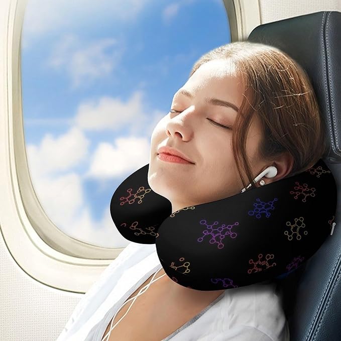 Memory Foam Travel Pillow Chin Head Support Cushion Molecule Acid Chemistry, Washable Removable Cover for Airplane Car Outdoor Sleep
