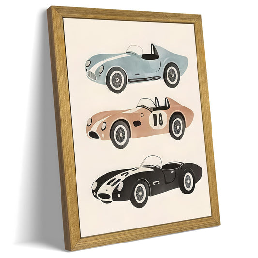 Wood Framed Vintage Race Car Wall Art, Retro Sports Car Canvas Print Poster Paintings, Kids Room Cute Artwork Decor for Boys Bedroom Nursery Playroom Living Room Wall Decor 12x16 Inch