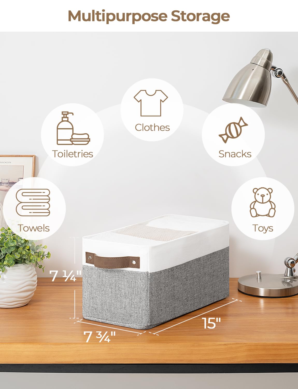 StorageWorks Narrow Storage Bins, Small Basket for Closet and Shelves, Rectangular Fabric Organizer with Handles, Toilet Paper Storage, Gray and White, 2-Pack