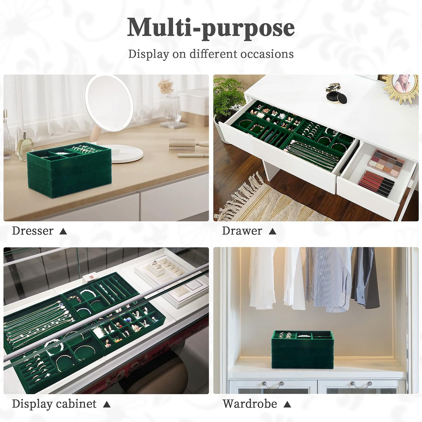 LISRUGEN Jewelry Drawer Organizer, Velvet Tray for Earring Necklace Storage, Stackable Inserts for Women, Green