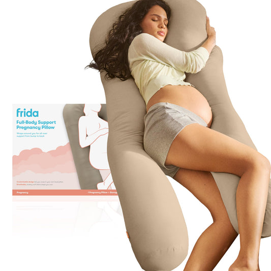 Frida Mom Full Body Support Pregnancy Pillow, Cooling Pregnancy Pillow, Wraps Around for All Over Support, Extended Length to Support from Head to Toe, Easy to Clean, Compact Storage Bag, Taupe