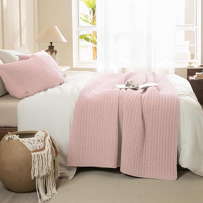 Sanracie Stonewashed Cotton Coverlet Oversized King(128"x120"), Light Pink Ultra Soft Crinkle Extra Large Wide Oversized Quilt Sets Lightweight Cross Stitch Bedspread Set 3Pcs for All Season