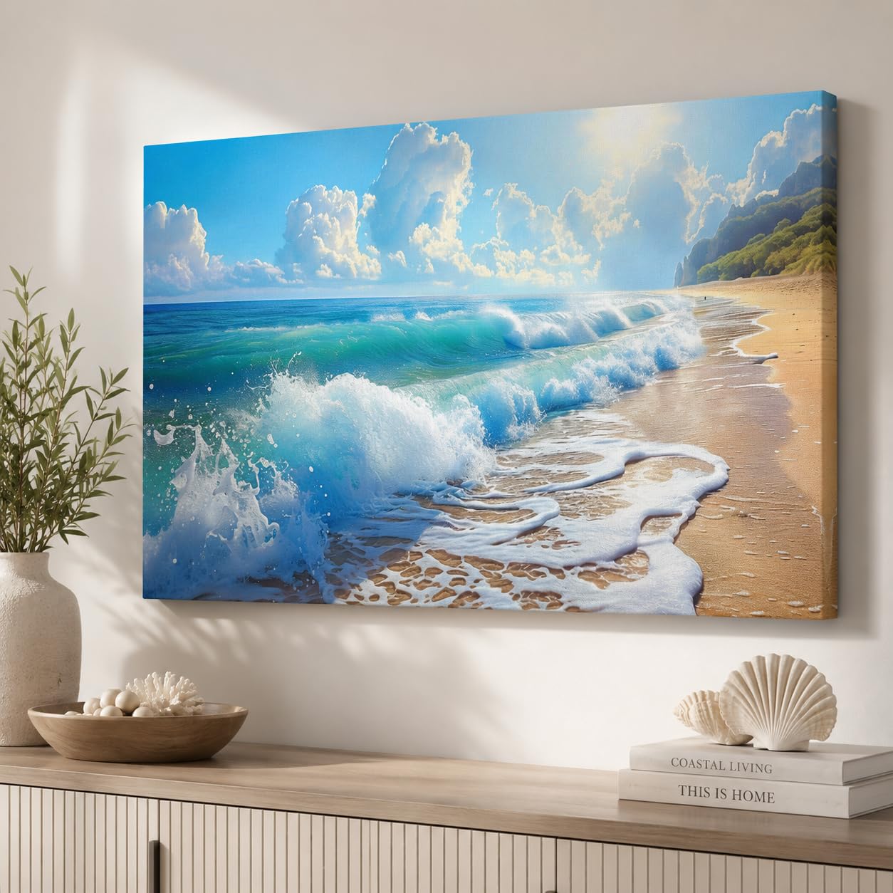 Bathroom Decor Wall Art, Blue Beach Picture Ocean Theme Canvas Prints Wall Art, Modern Coastal Seascape Painting Framed Seaside Artwork, Sunny Beach Ocean Landscape for Home Bedroom Office 12x18 Inch