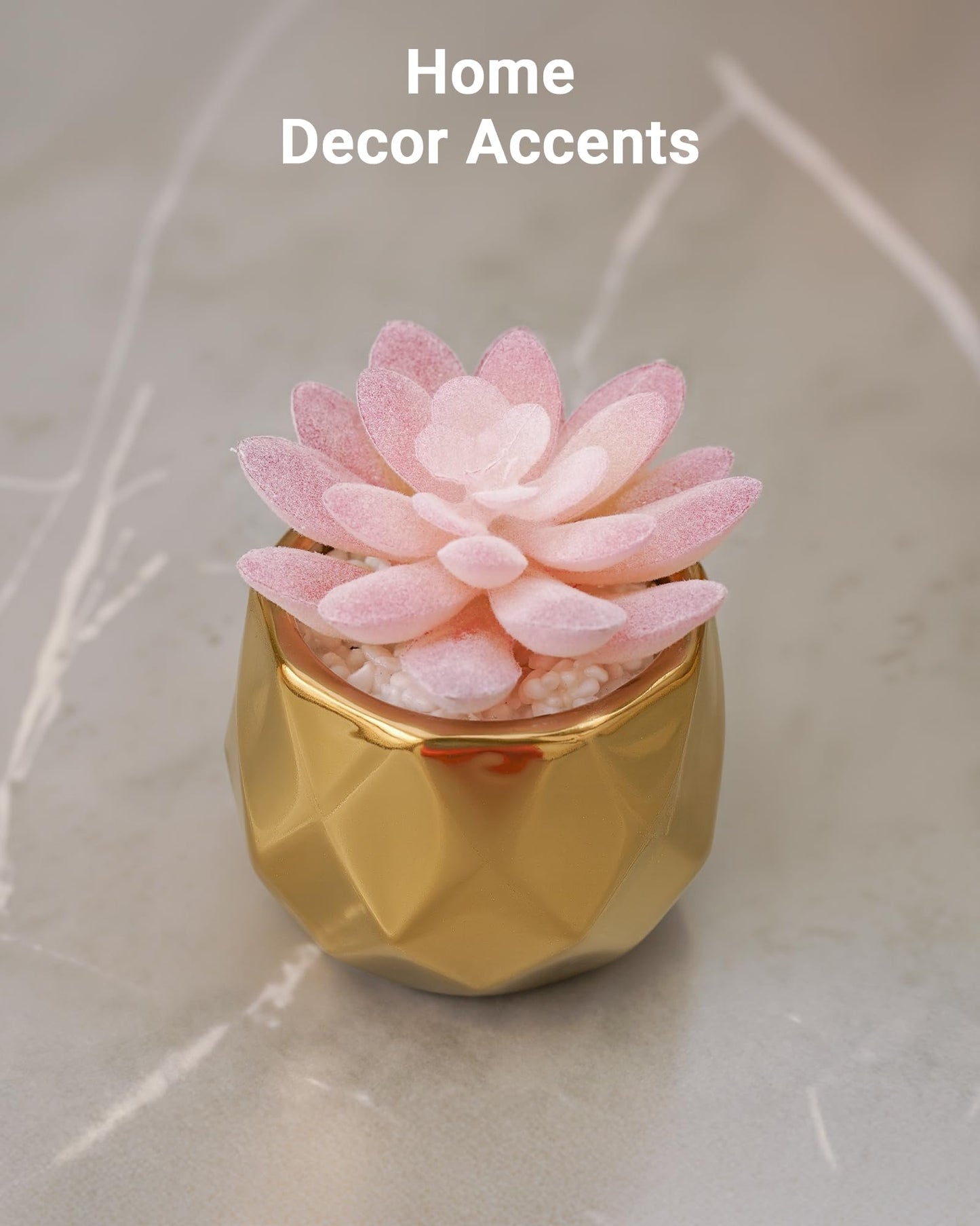 VIVERIE Mini Succulents Plants Artificial in Pots-Pink Succulents with Golden Ceramic, Small Fake Succulents for Home Decor Indoor for Women, White Ceramic Faux Succulents, Gifts for Mom-1 Pack