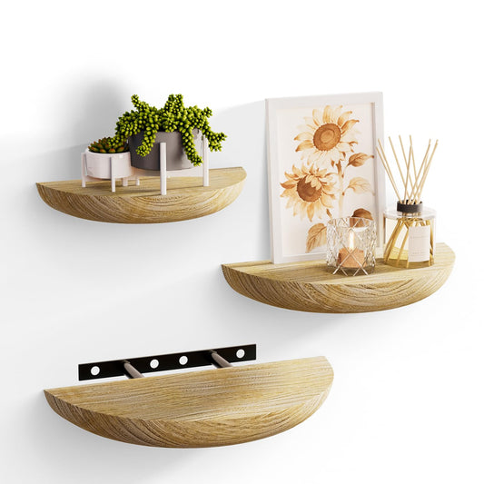 QsQueen Solid Wood Half Round Floating Wall Shelves | Elegant Floating Shelves, Elevate Your Space. Perfect for Living Rooms, Bathrooms, Bedrooms, Offices, Children's Rooms Light Brown