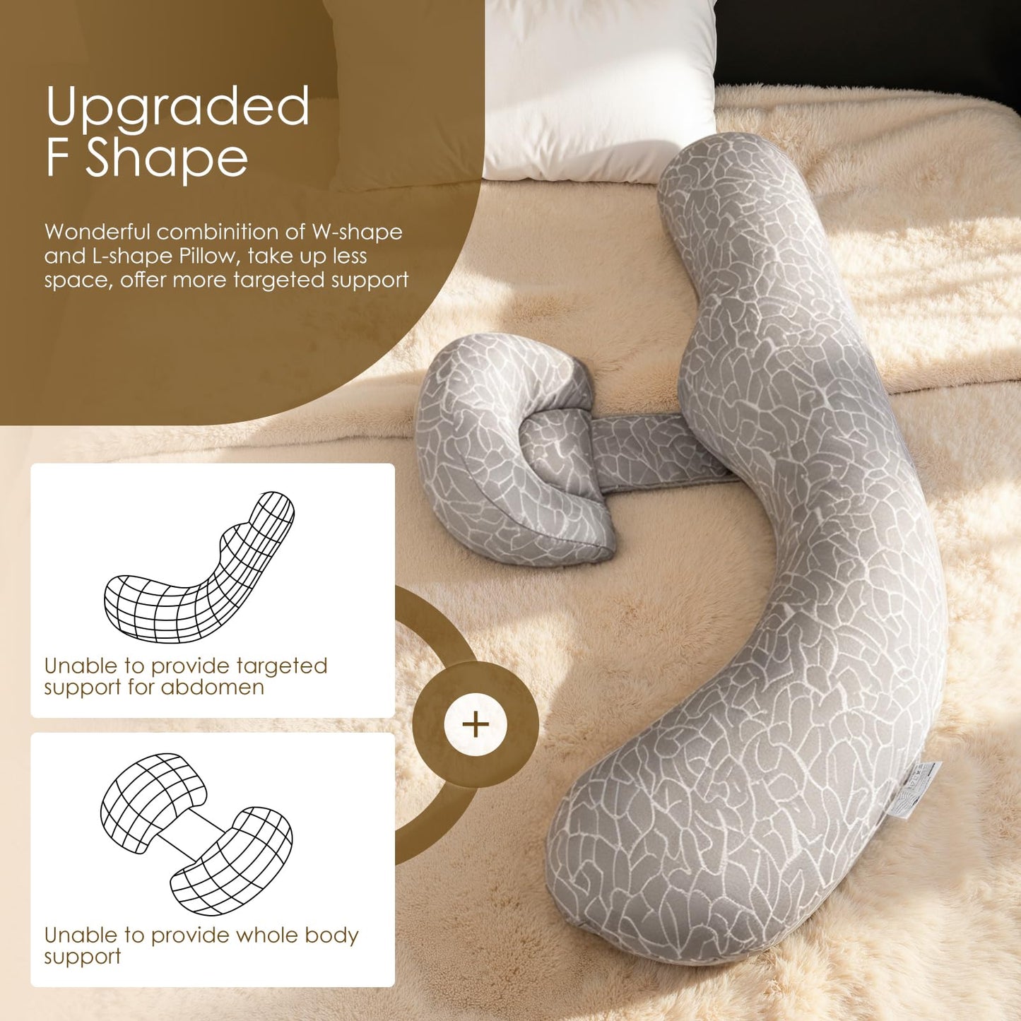 Chilling Home Pregnancy Pillow, F Shaped Maternity Pillow, Adjustable Pregnancy Wedge Pillow with Full Body Support for Back, Belly, Hips, Legs, Pregnant Pillows for Side Sleeping with Cooling Cover