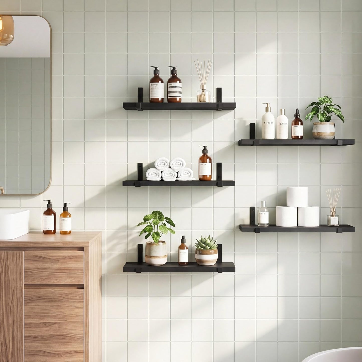 Fixwal Floating Shelves for Wall, Black Shelves Wall Mounted, Rustic Wood Wall Storage Shelves for Bedroom, Living Room, Kitchen, Bathroom, Home Decor (Set of 5 Black)