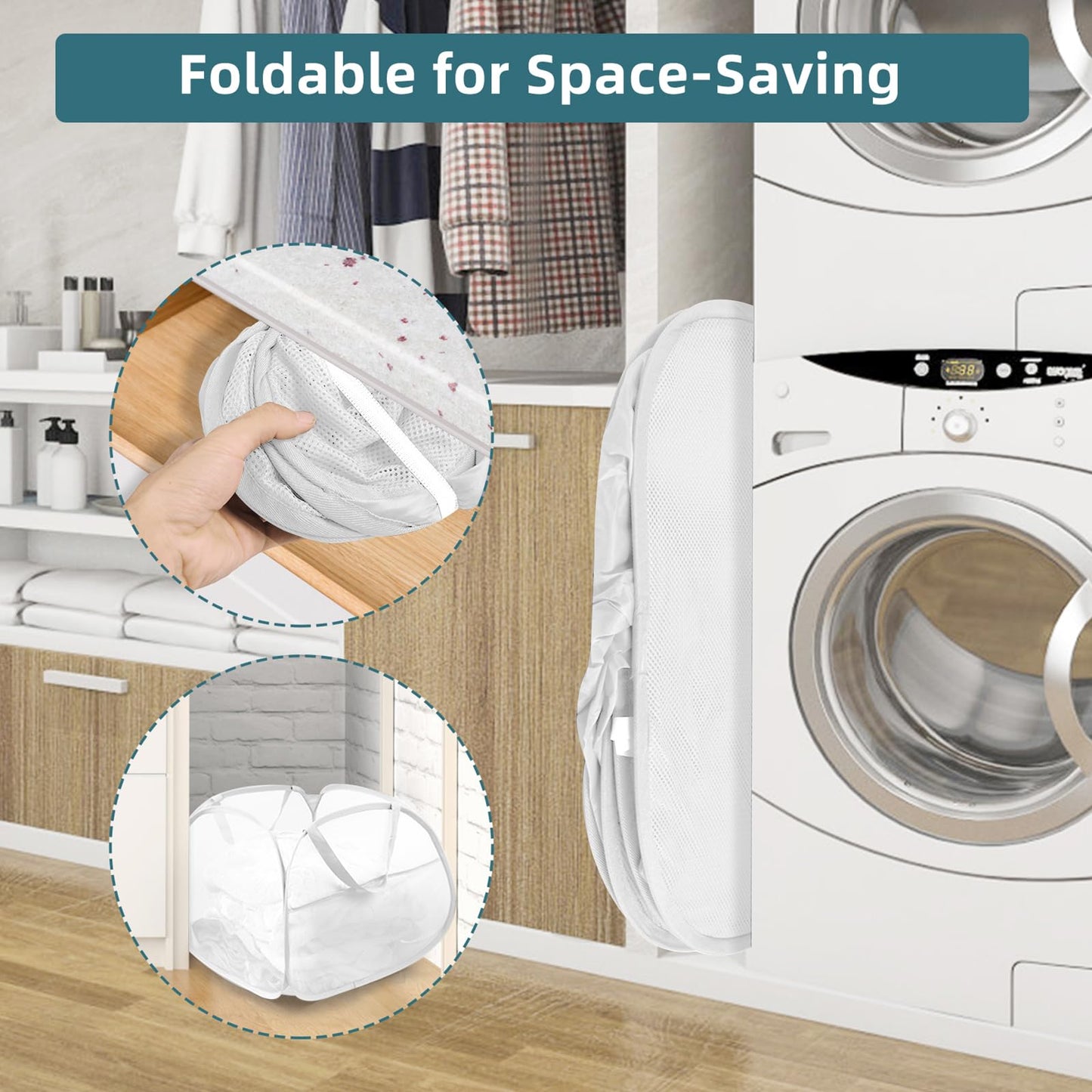 2 Pack Collapsible Laundry Baskets, 90L Large Foldable Laundry Basket, Durable Mesh Pop Up Hampers for Laundry, Dirty Clothes Laundry Hamper for Bedroom, Bathroom, Dorm, Laundry Room, Travel White