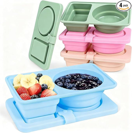 Dobyusf 4-Pack Collapsible Silicone Snack Containers - Round & Square Shape with Utensil Holder, BPA-Free Foldable Food/Sauce Storage for On-the-Go, Microwave & Dishwasher Safe