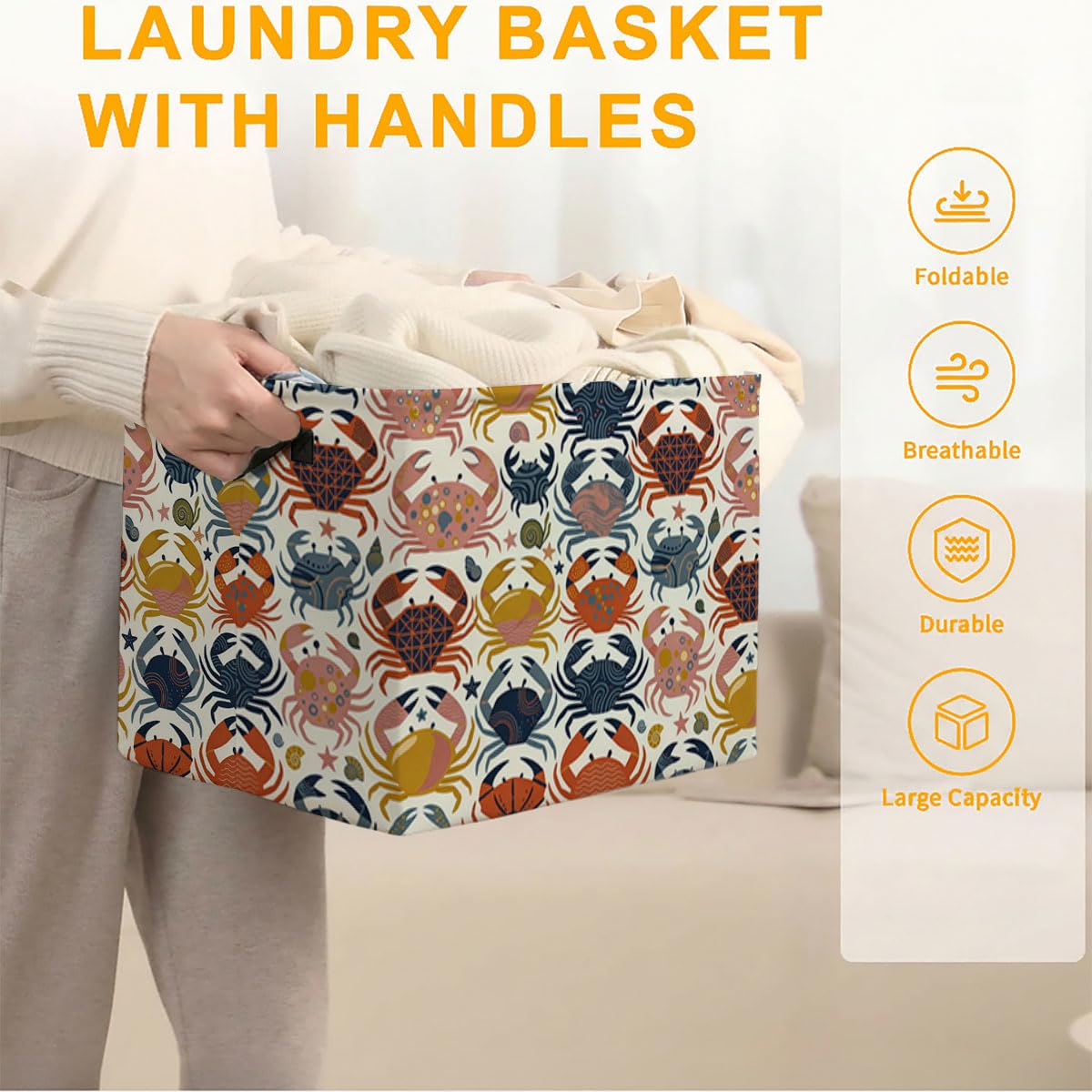 Modern Geometric Crabs Laundry Hamper, 56L Large Foldable Laundry Basket with Handles, for Clothes, Toy Storage Bin, Blankets,Decorative Organizer for Shelves & Closet Home Decor Bedroom & Nursery