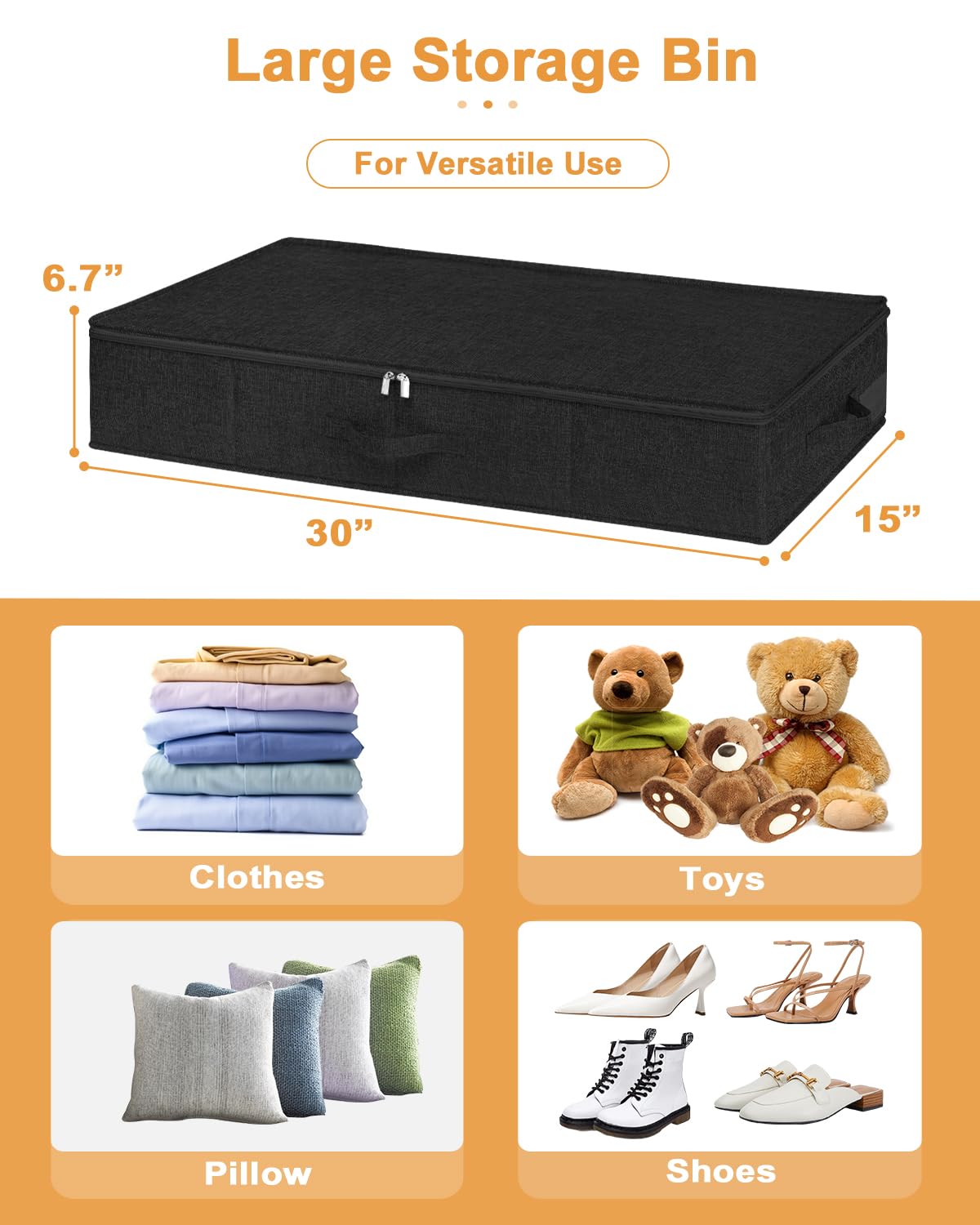 punemi Under Bed Storage Container, 2 Pack Underbed Storage Bags With Lid, Foldable Sturdy Clothes Storage Organizer W/ 3 Handles, Ultra Thick Fabric Blanket Shoe Storage Box, 30x15x6.7inch, Black