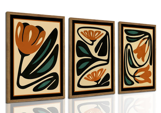 Mid Century Floral Wall Art Set of 3, Modern Abstract Botanical Wall Decor Picture, Vintage Boho Eclectic Plant Canvas Prints Paintings for Bedroom Living Room 12x16 inch Framed