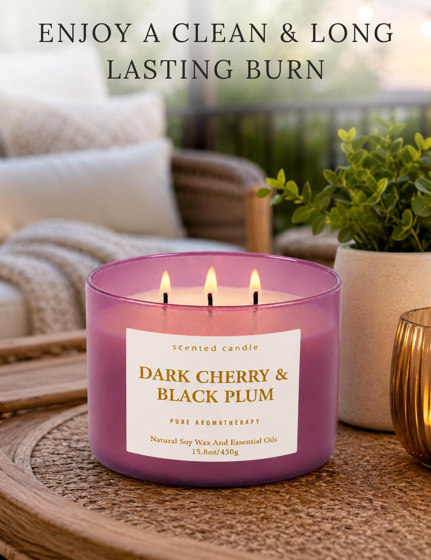 Dark Cherry Black Plum 3-Wick Soy Candle, 15.8 oz Scented Candle for Home