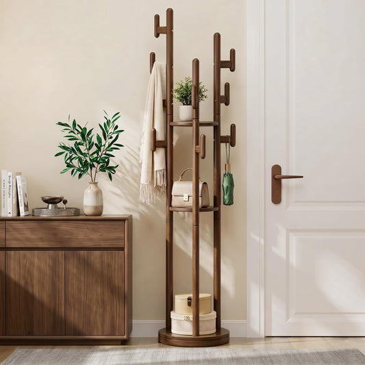 Wamhom Rotary Coat Rack Freestanding - Solid Wood Coat Tree with 9 hooks & 3 Storage Shelves for Purse, Bag, Jacket, Hat, Corner Hanger Stand Racks for Hall, Entryway, Office, Modern Clothes Holder