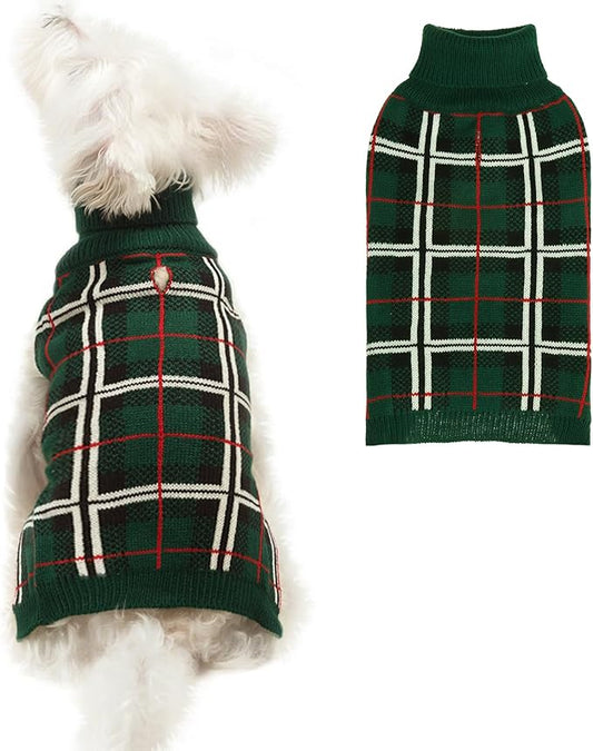 PUPTECK Dog Sweaters for Large Medium Small Dogs - Fall Classic Plaid Style Puppy Holiday Winter Coat Clothes Warm, Green, S