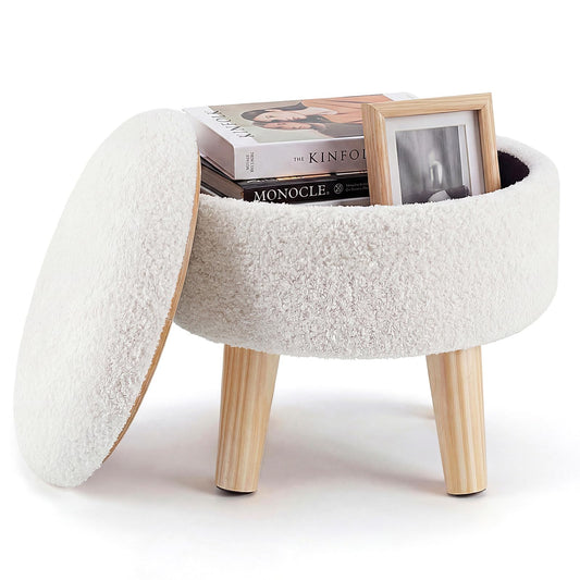 DUMOS Round Storage Ottoman Foot Rest, Compact Boucle Upholstered Footstool with Hidden Storage, Padded Seat, Small Coffee Table for Living Room, Bedroom, Beige