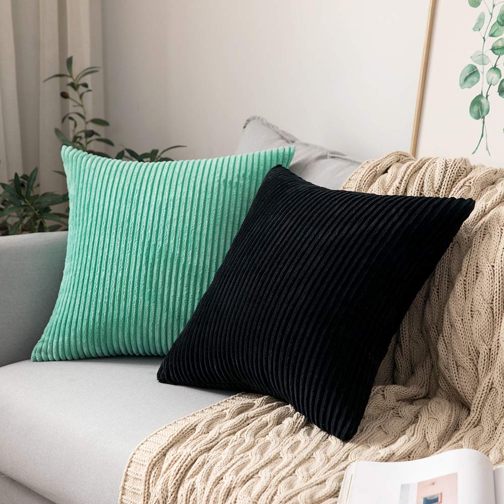MIULEE Decorative Corduroy Pillow Covers Soft Solid Pack of 2 Cushion Cases Boho Square Throw Pillow Covers Black Modern Pillowcases for Couch Chair Sofa Bed Living Room Home Decor 18 x 18 Inch