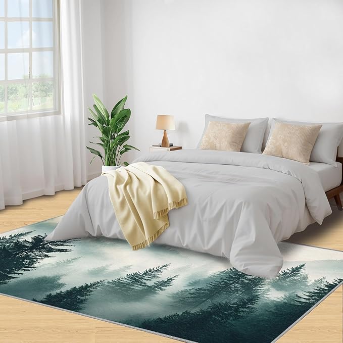 Misty Forest 5x6 Area Rug Natural Landscape Washable Rugs for Living Room Bedroom, Green Woods Soft Low Pile Non Slip Accent Floor Mat Print Throw Rug Indoor Carpet Dining Room Playroom