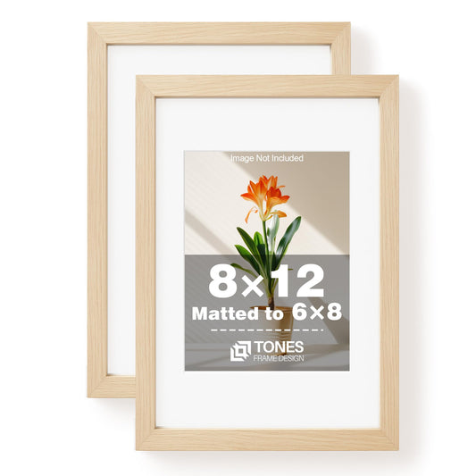 TONES FRAME DESIGN 8x12 Picture Frame Set of 2 Natural Solid Wood Veneer Finish 8x12 frame Matted to 6x8 Photo Frames with Shatterproof Plexiglass Wooden 8 by 12 Poster Frame for Gallery Home Decor, 2 Pack