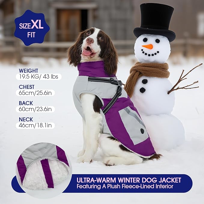 FUAMEY Dog Winter Jackets for Large Dogs,Dog Coat with Harness Built in,Waterproof Dogs Snowsuits Warm Pet Jacket Zip Up Fleece Cold Weather Coats Reflective Puppy Vest with Pocket Purple 3XL