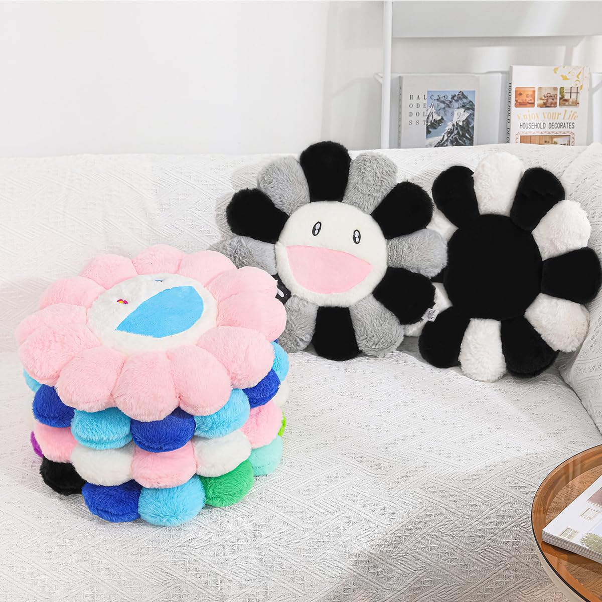 FIONOUT Smile Pillow - Flower & Sunflower Plush Pillows, Soft Fluffy Cushions for Floor/Bed/Couch, Cute Girls Bedroom Decor & Gift