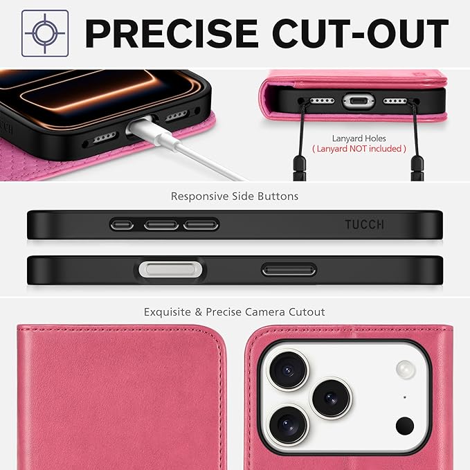 TUCCH Case Wallet for iPhone 17 Pro (6.3-Inch) 2025, [3 Card Slots] Kickstand [RFID Blocking] PU Leather Case, Flip Folio Cover with [TPU Shockproof Interior Shell], Hot Pink