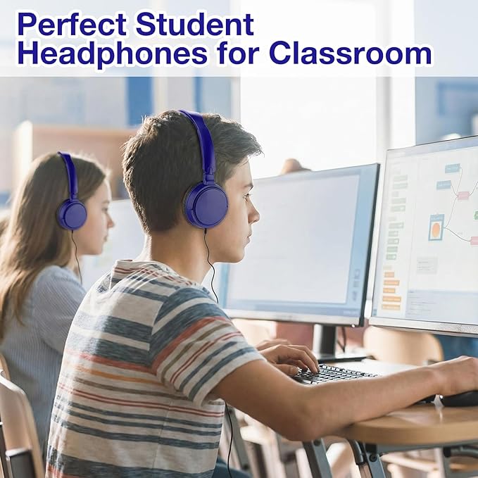 Yunsailing 18 Pack Classroom Headphones Bulk Student Wired Class Headphones Set for School with Individually Wrapped Adjustable Over Ear Head Earbuds (Navy Blue)