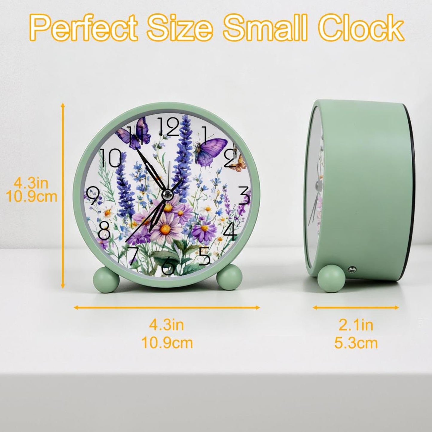 IROLSKDNFH 4.3" Analog Alarm Clock Silent Non Ticking, Small Clock with Night Light Battery Operated, Gentle Wake, Easy Set and Read (Wildflowers Purple Bluebell Sage Chamomile with Butterflies)