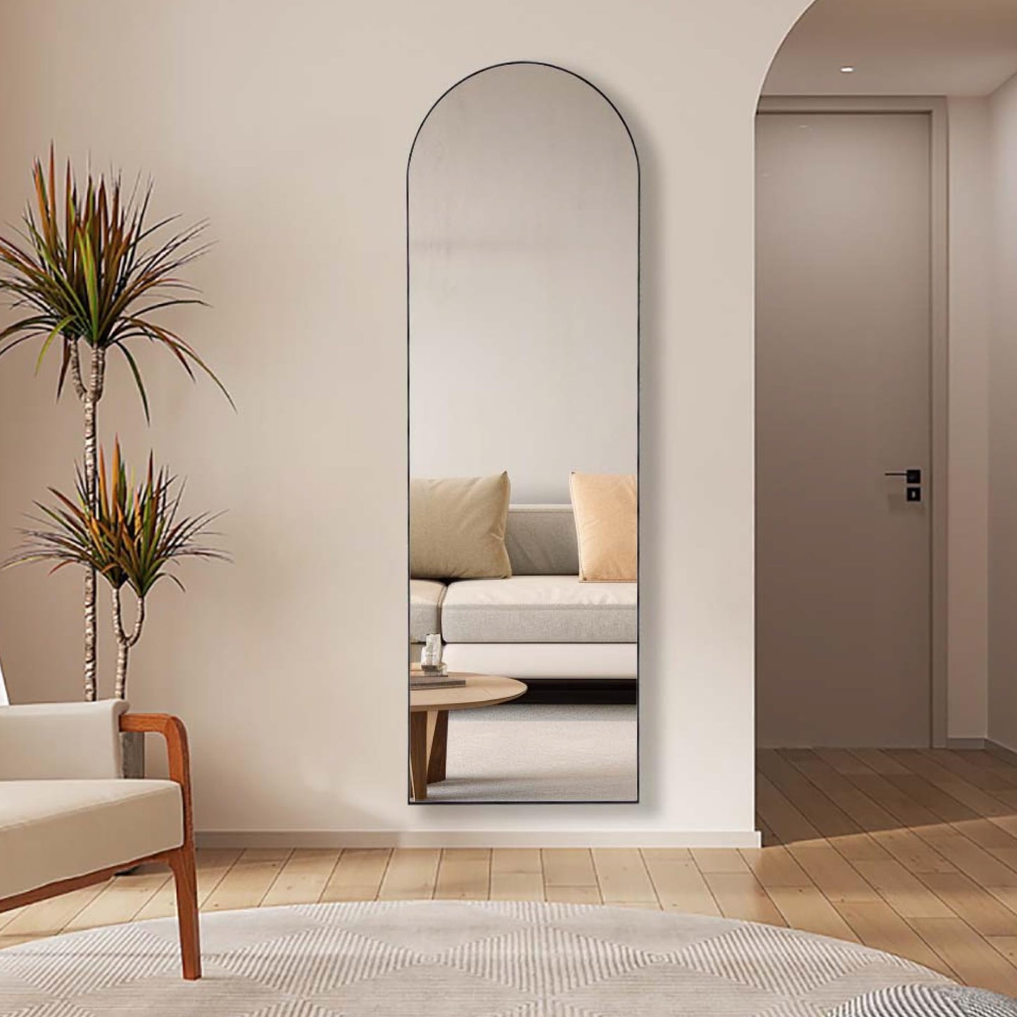 Hexago Arched Floor Full Length Mirror 64"x21", Aluminum Alloy Thin Frame Floor Standing Mirror, Hanging or Leaning for Wall, Suitable for Bedroom, Living Room, Dressing Room, Black