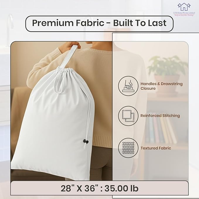LFH Home Cotton Canvas Large Laundry Bag with Handle, Heavy Duty Drawstring Closure Washable Laundry Bags, School Travel, Home, Hotel, College Dorm, Organizer Sack, Toy Clothes 28x36 (Pack of 6)-White