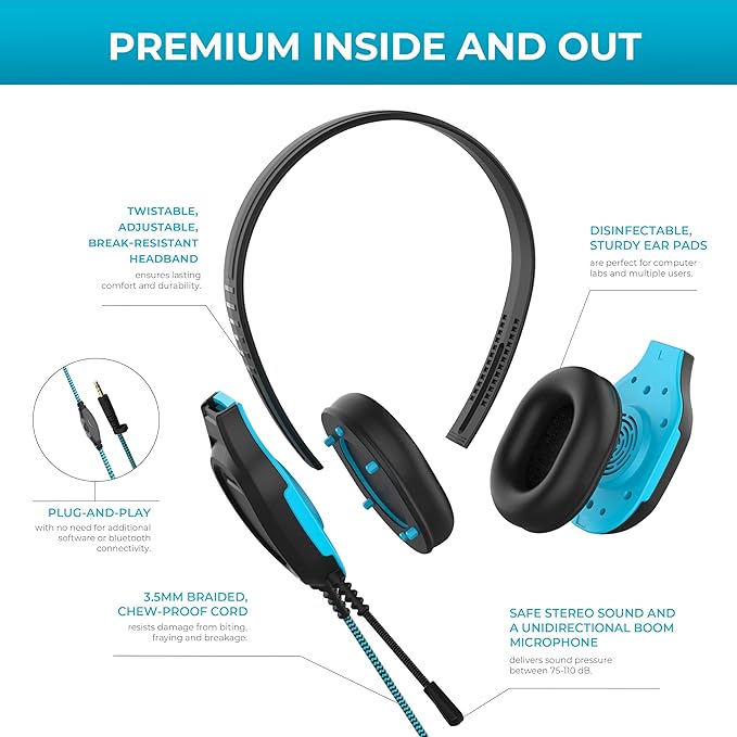 Gumdrop DropTech B1 Over-Ear Headphones for Kids w/Boom Mic, 3.5 mm Chew Proof Cord for K-12, Students & Classroom (New DropTech Headset (Black) 10 Bulk Pack)