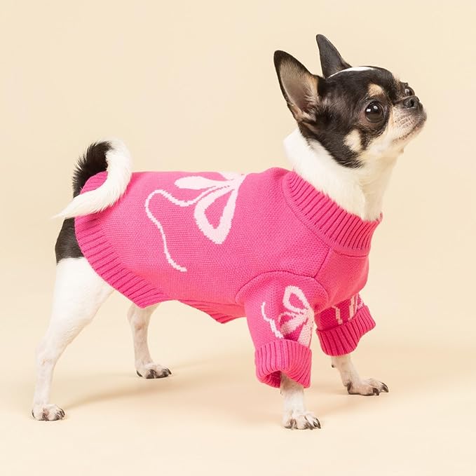 Fitwarm Bowknot Valentines Dog Sweater, Thermal Dog Winter Clothes for Small Dogs Girl, Charming Dog Valentines Outfit, Doggy Pullover Jumper, Holiday Pet Apparel, Pink, Small