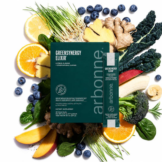 Arbonne Vegan Greens Powder – Citrus-Flavored GSE with 13 Digestive Enzymes, Vegan Collagen Builder, Probiotics, and Prebiotics – Gut Health and Skincare – 30 Stick Packs