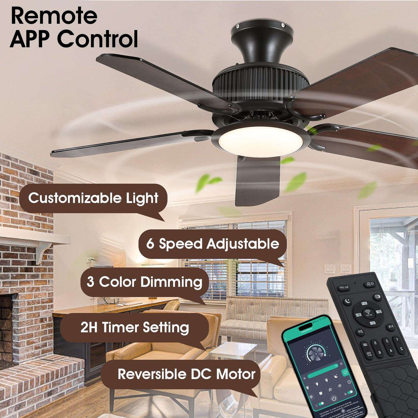 Surtime 44In Flush Mount Ceiling Fans with Lights and APP&Remote Control,Farmhouse Low Profile Ceiling Fan for Indoor/Outdoor,3CCT Dimmable,5 Reversible Double-Sided Blades（Black）