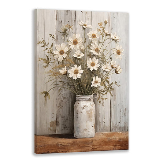 IAFWZX Framed Rustic White Daisy Wall Art, Country Farmhouse Floral Wall Decor, Vintage Daisy Flower Mason Jar Canvas Painting, Nature Botanical Aesthetic Picture for Bathroom Living Room 12"x16"
