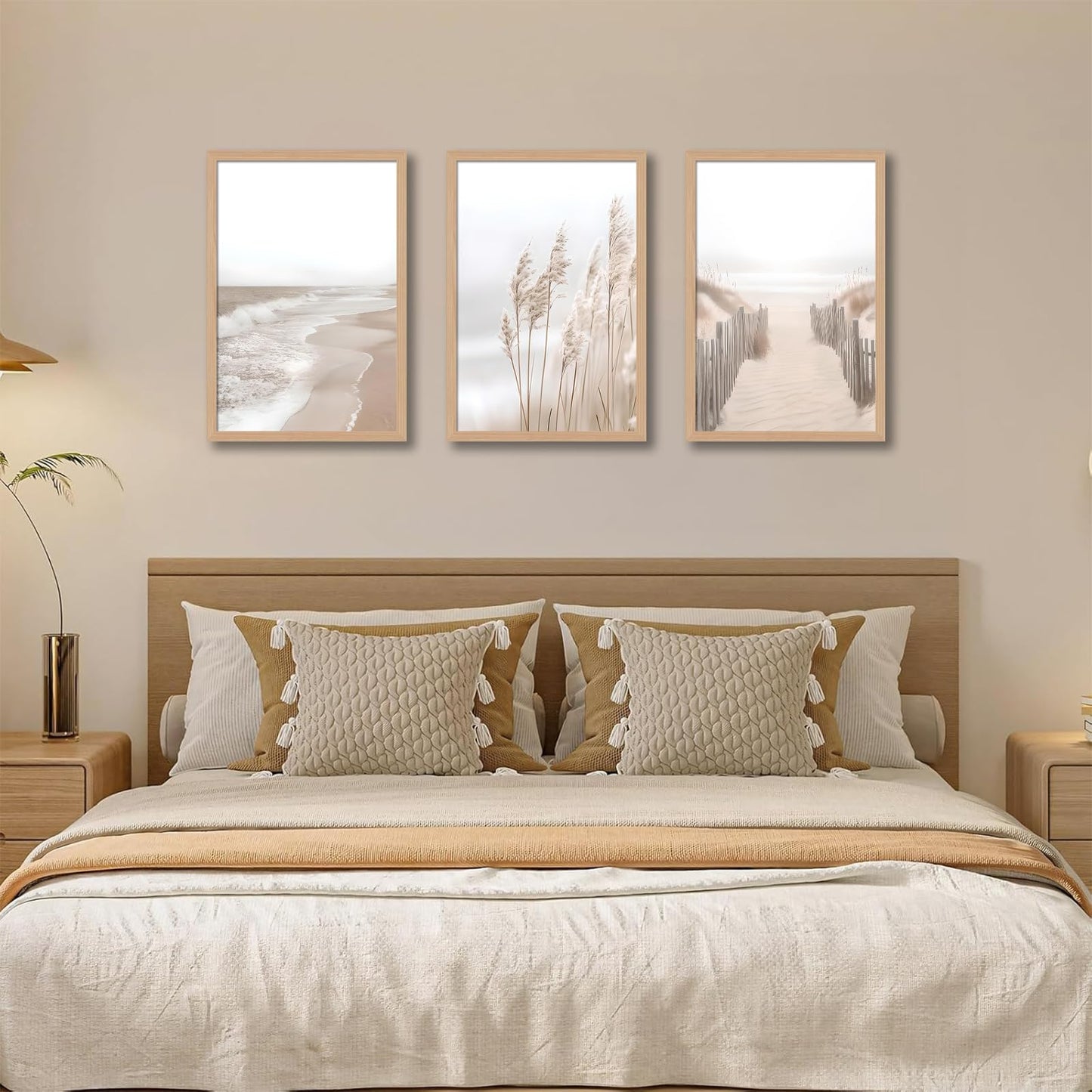 skysoon 3 Piece Neutral Beach Wall Art with Solid Wood Frame, Pampas Grass Boho Coastal Ocean Prints, Natural Wilderness Seascape Painting Set 12x16 Inch