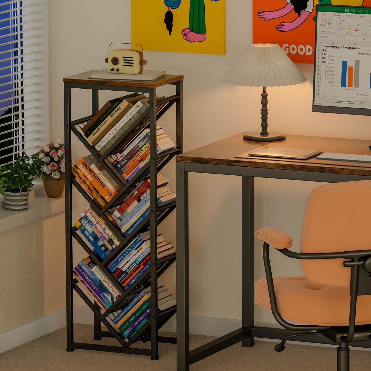 Cutogxon Tree Bookshelf - 9 Tier Visual Metal Floor Standing Book Shelf with Wooden Top for Living Room Bedroom Black