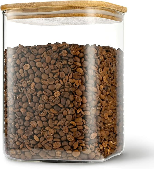 D2scrma 122oz Airtight Glass Square Storage Canister with Bamboo Lid Set of 1 (3600ml) Gallon Glass Jars Large Kitchen Canister for Sugar, Flour, Cookies and Coffee beans (‎with Black Lable)
